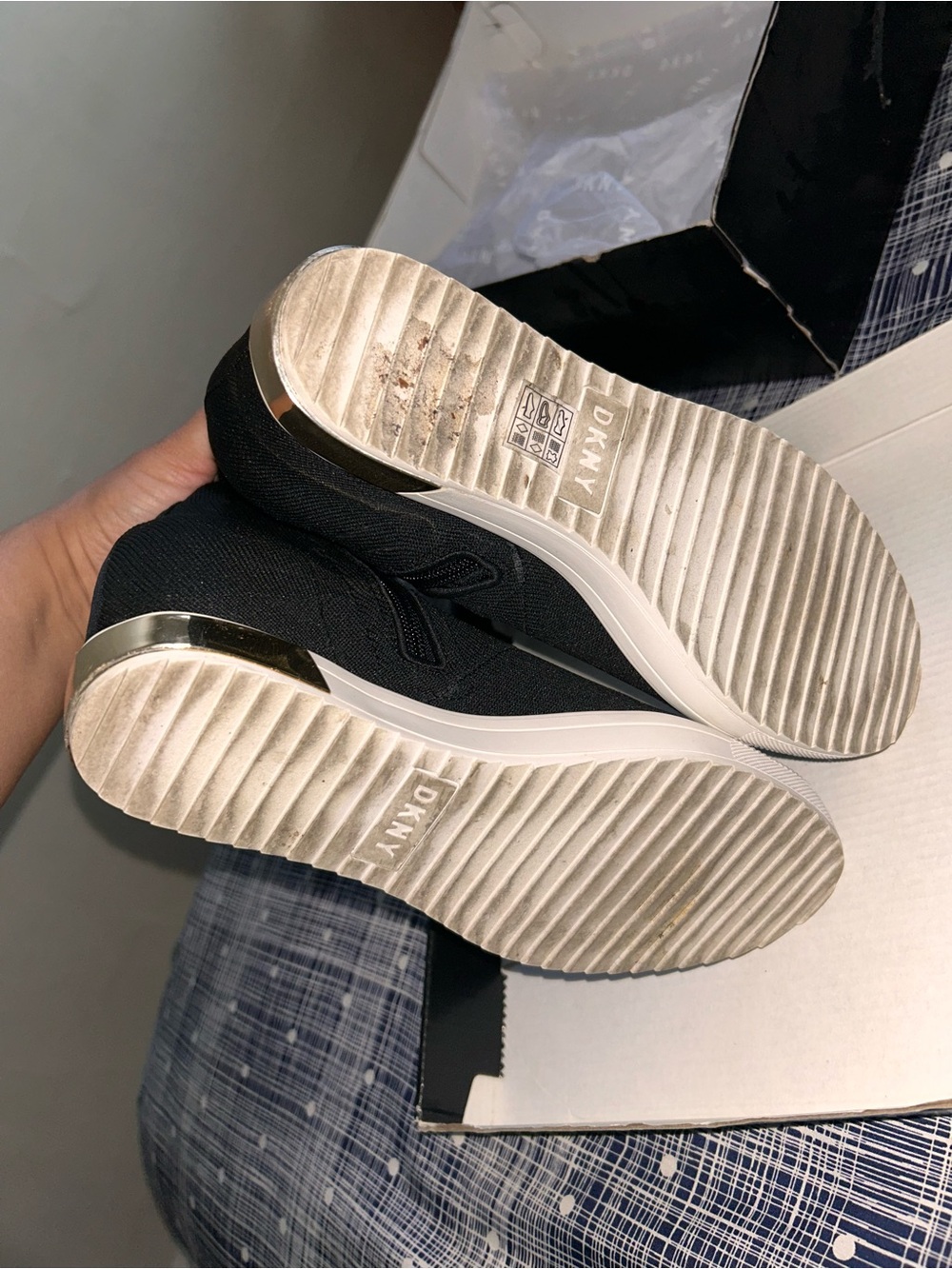 DKNY Black Knit Wedge Sneaker Boot with Gold Accents - Picture 10 of 12